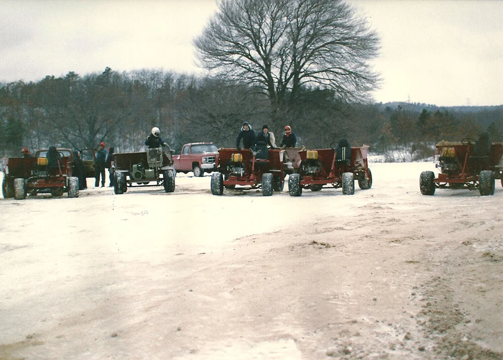 Winter, 1989 | Sand Buggies on Manoevers | If enough ice forms on a winter flood, buggies are used to distribute the sand across the bogs.