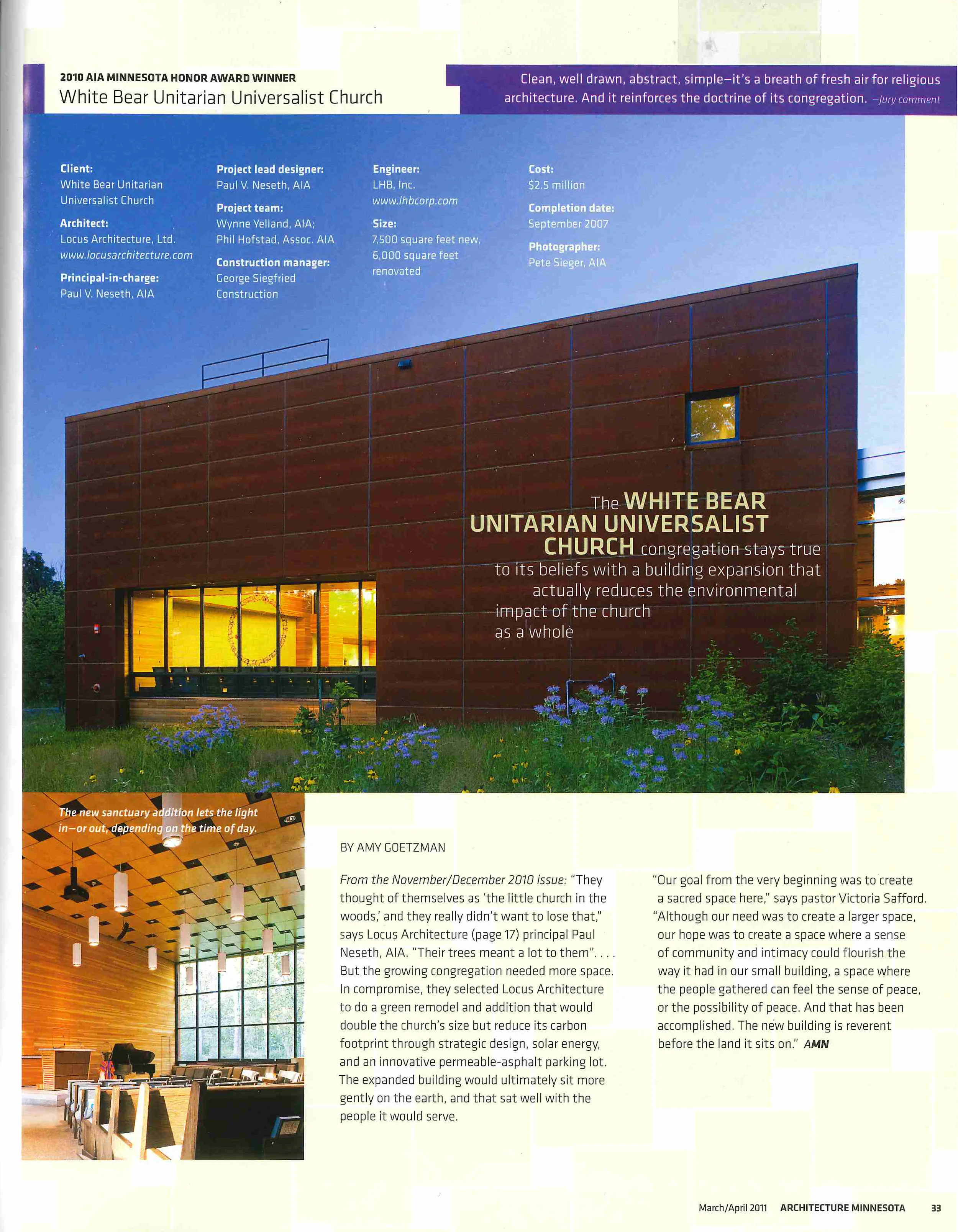 Architecture MN, White Bear Unitarian Universalist Church , 2011