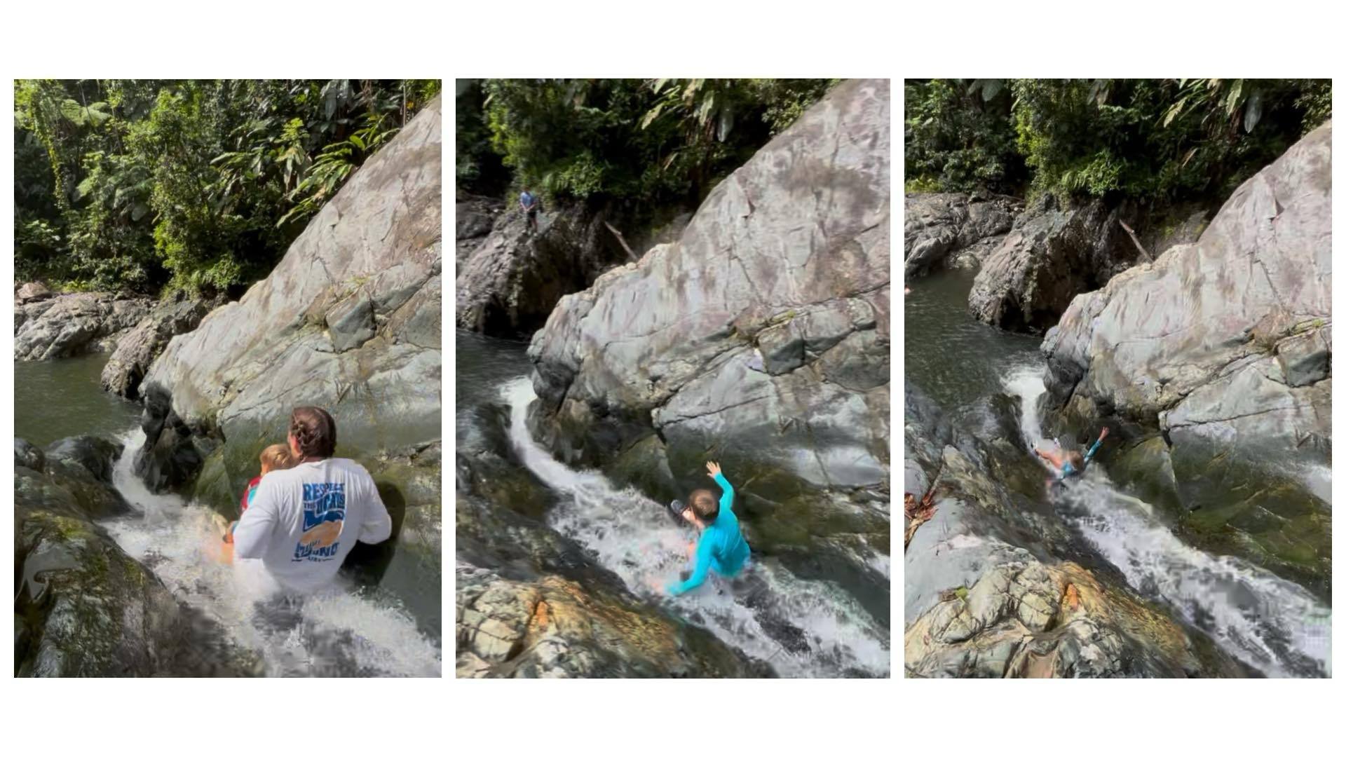 3 people going down a rock slide in El Yunque National Forest