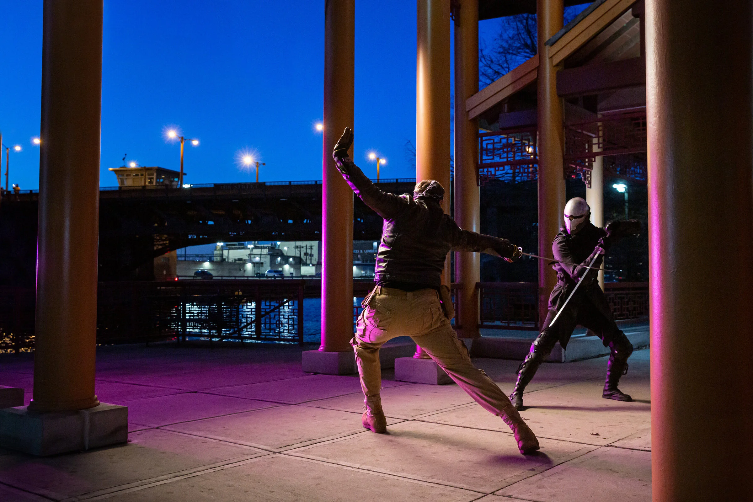  Unit still of ninja fight scene in the film Chicago Shadows, under the Pagoda at Ping Tom Memorial Park. Photo ©Courtney Rader 