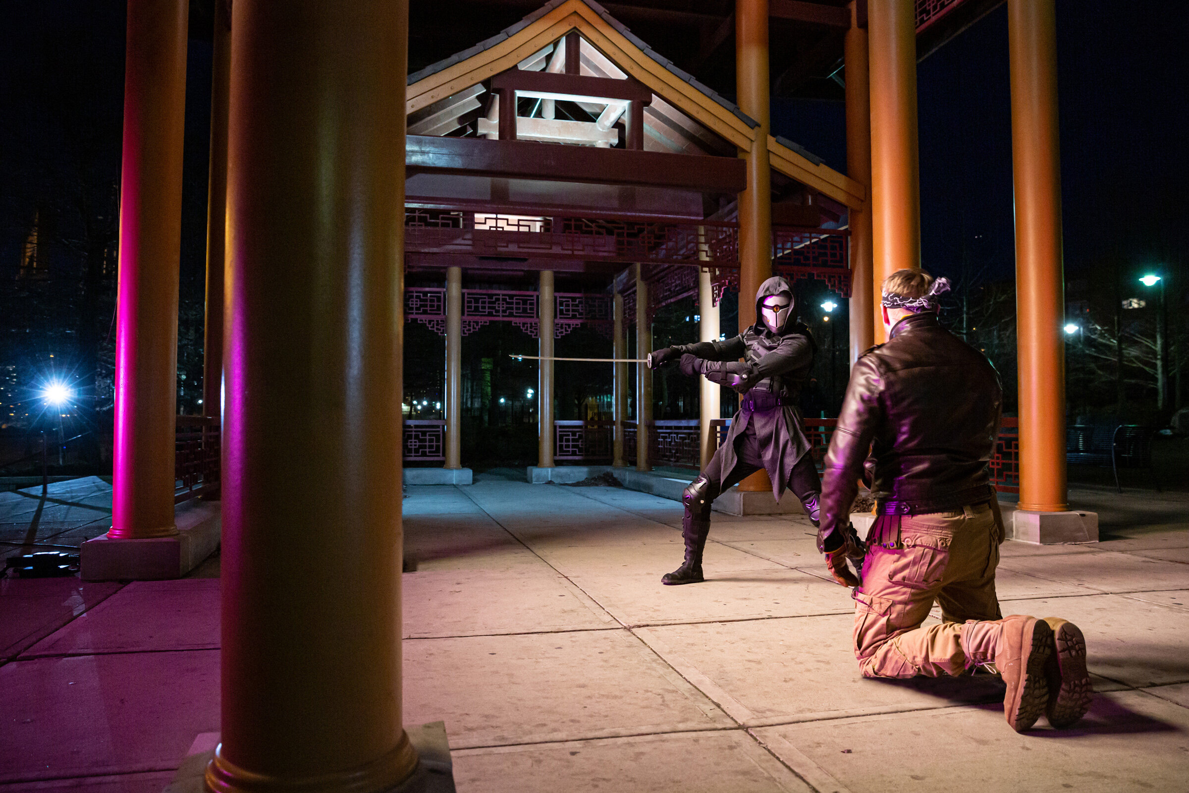  A night unit still shot of ninja fight scene in the film Chicago Shadows, under the Pagoda at Ping Tom Memorial Park. Photo ©Courtney Rader 