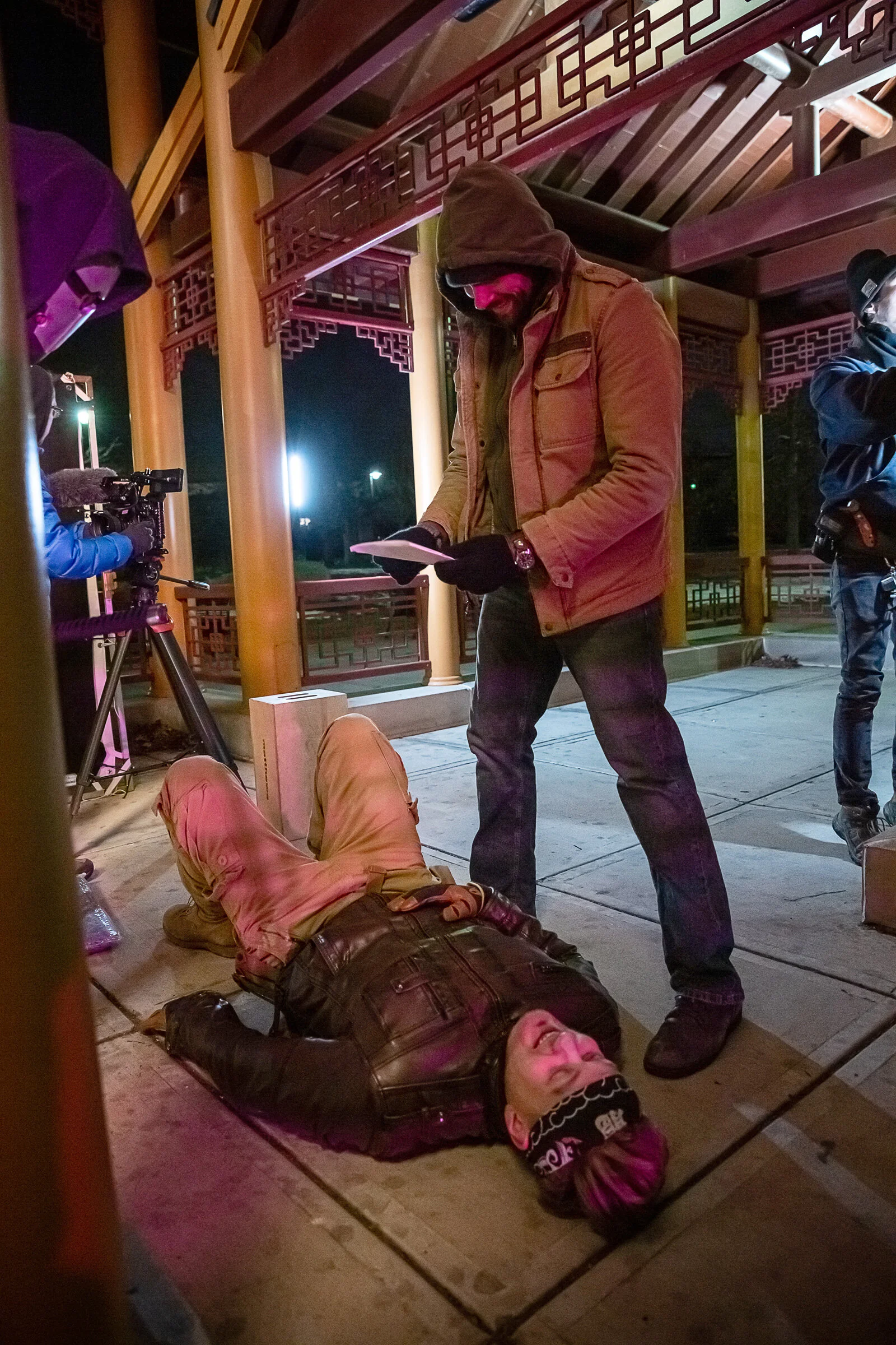  Behind the scenes during the ninja fight in the film Chicago Shadows, under the Pagoda at Ping Tom Memorial Park. Photo ©Courtney Rader 