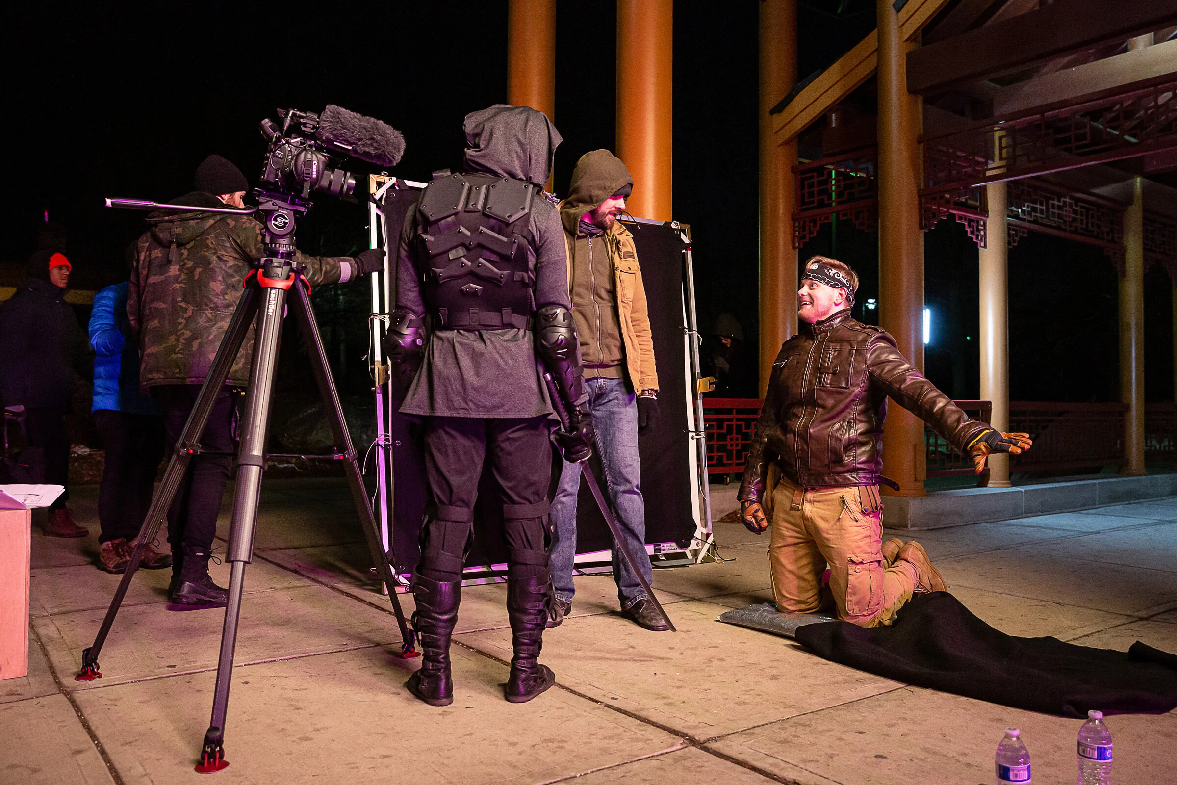  Behind the scenes during the ninja fight in the film Chicago Shadows, under the Pagoda at Ping Tom Memorial Park. Photo ©Courtney Rader 