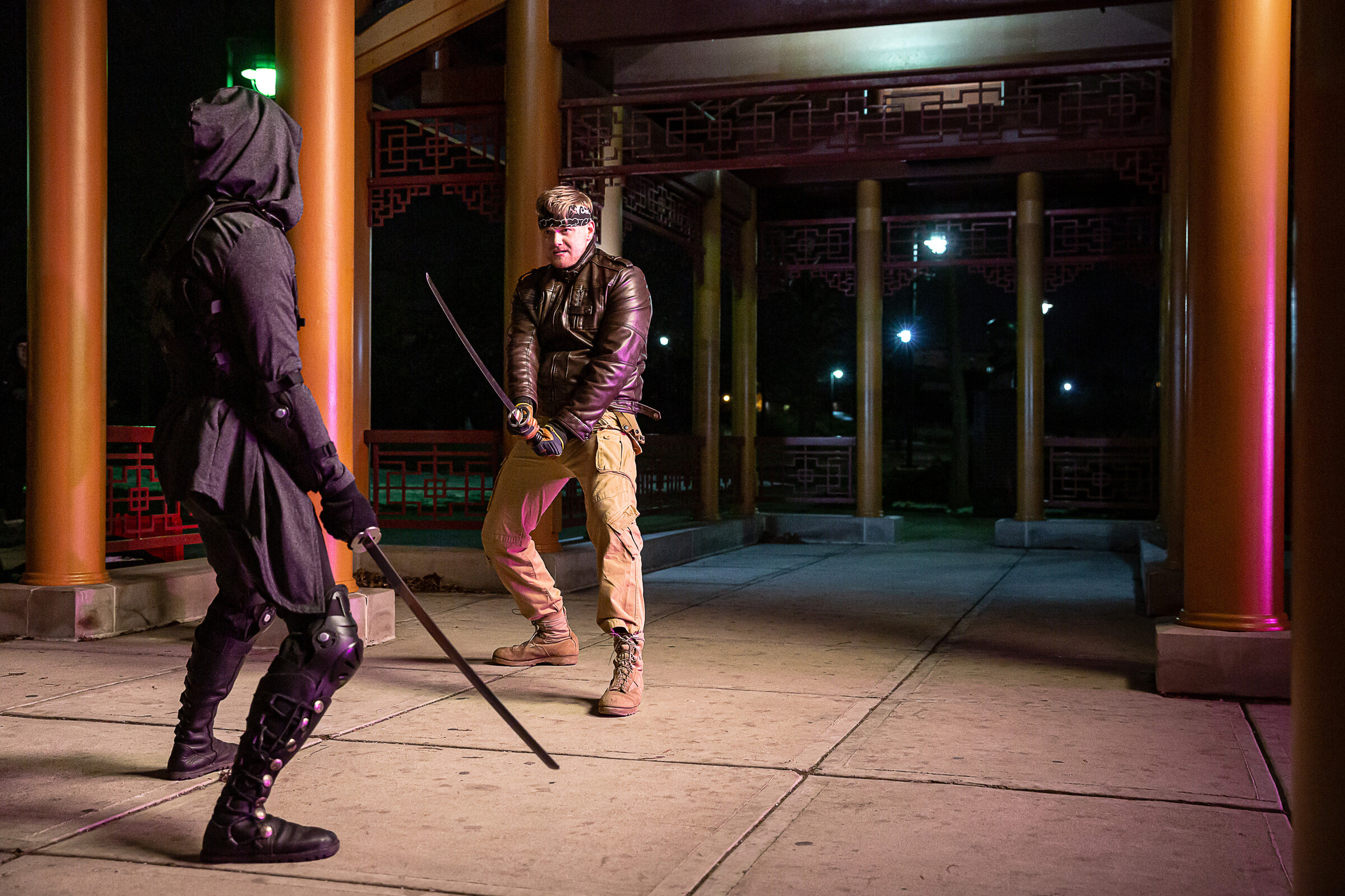  Unit still of ninja fight scene in the film Chicago Shadows, under the Pagoda at Ping Tom Memorial Park. Photo ©Courtney Rader 