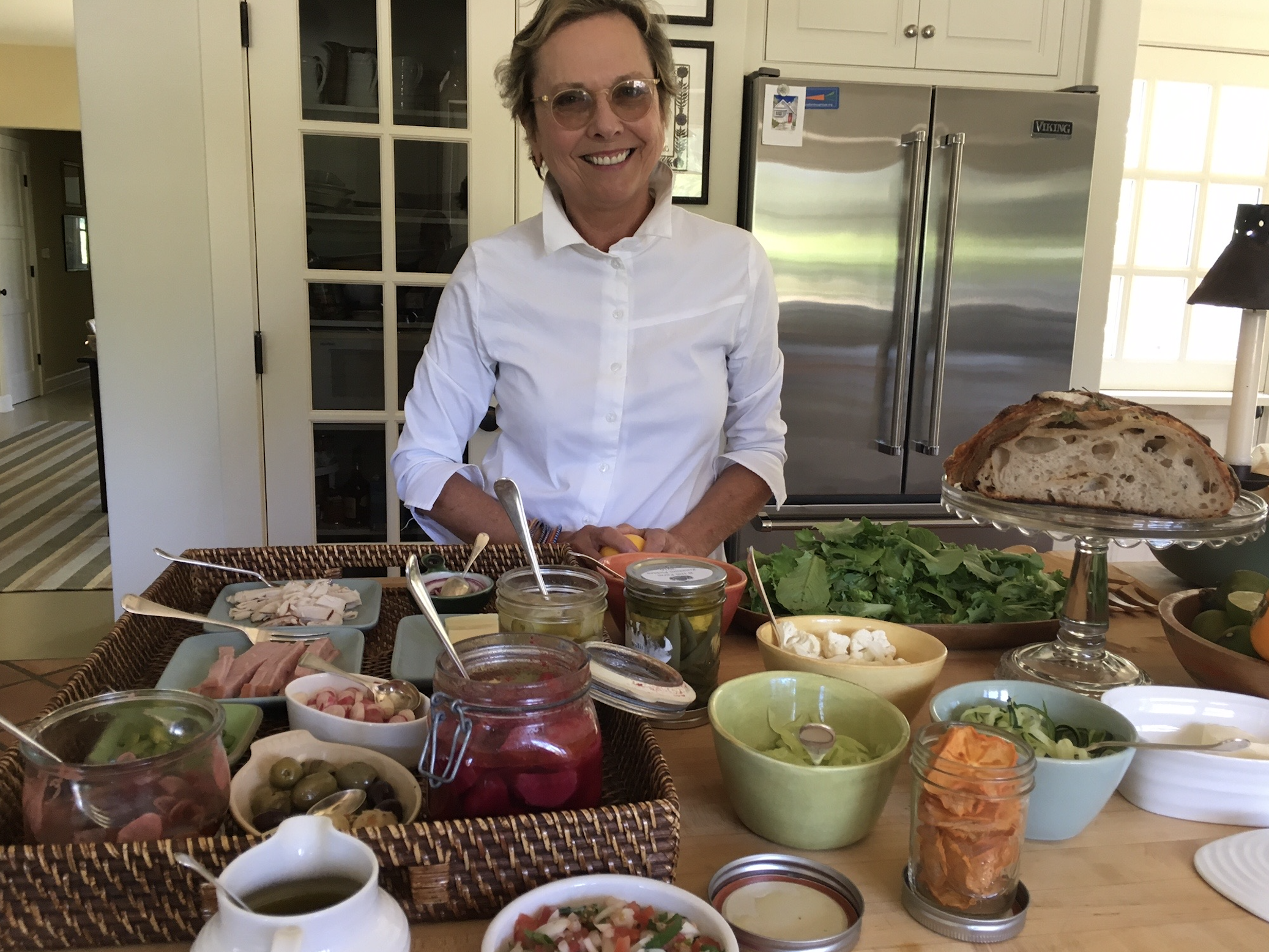 Carolyn Bennett's luncheon of beautiful bits and pieces many of which are pickles--a food that can be stored for many months. 