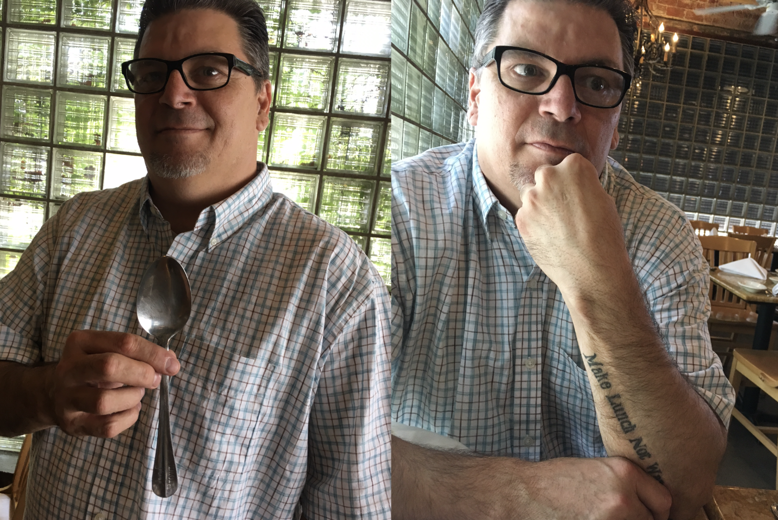 Steve Brown, executive chef and former teacher at the New School for Cooking and his special spoon with his name engraved on the handle, a gift from a sous chef. 