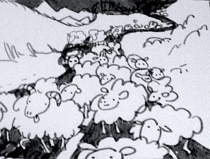 Sheep in the road, Illustration by Simone Rein