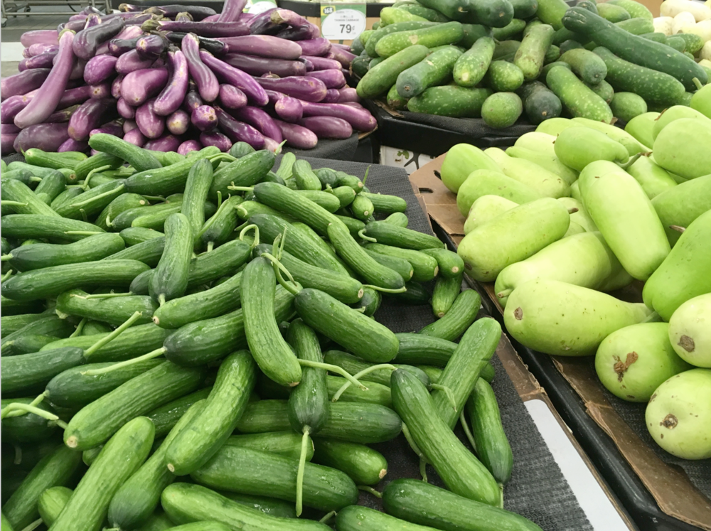  The beautiful vegetables at 168 are impossible to resist: cucumbers, Japanese eggplant, zucchini and bottle gourd. 