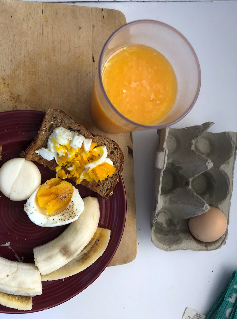 Breakfast from foraging Ojai’s farm stands. A boiled egg and fresh orange juice.
