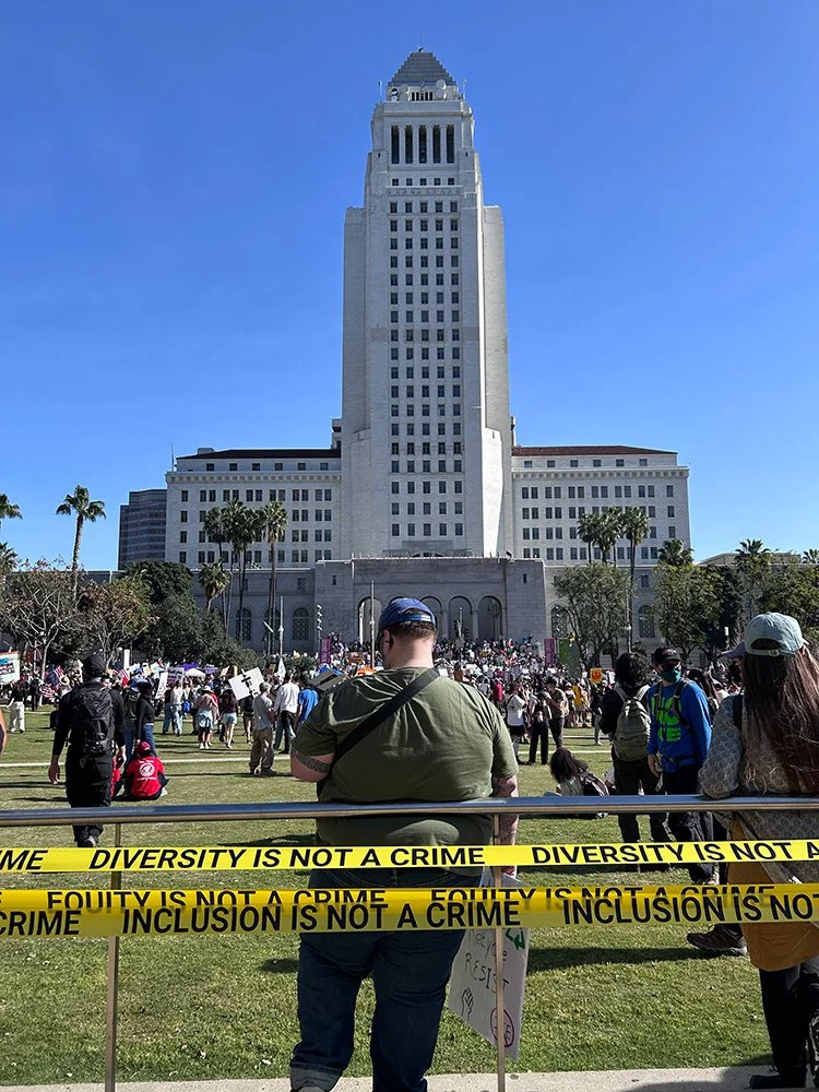  Public intervention with custom printed caution tape in conjunction with anti-ICE protests in Downtown Los Angeles. Jan. 30, 2026 Nationwide Shutdown. 
