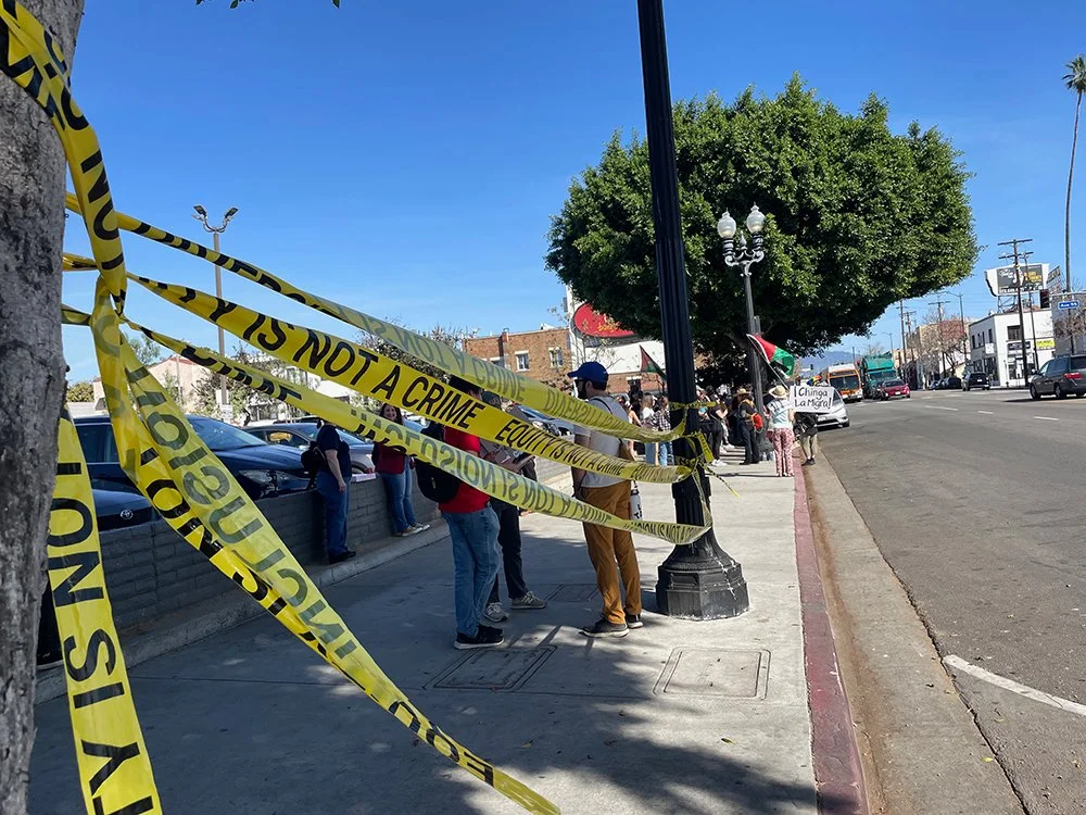  Public intervention with custom printed caution tape in conjunction with anti-ICE protests in the Highland Park neighborhood of Los Angeles. Jan. 30, 2026 Nationwide Shutdown. 