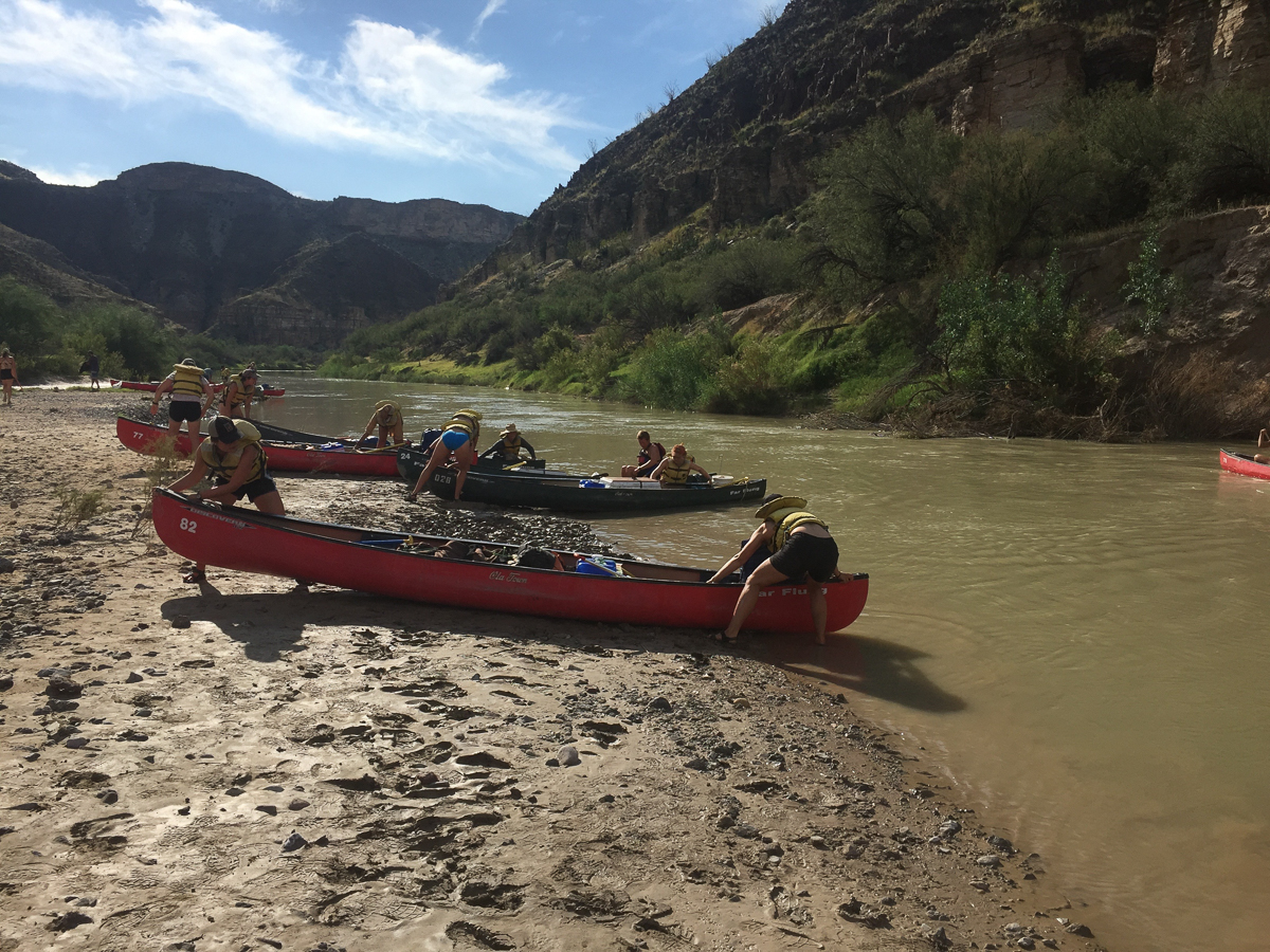 Pulling canoes out at the end of day one