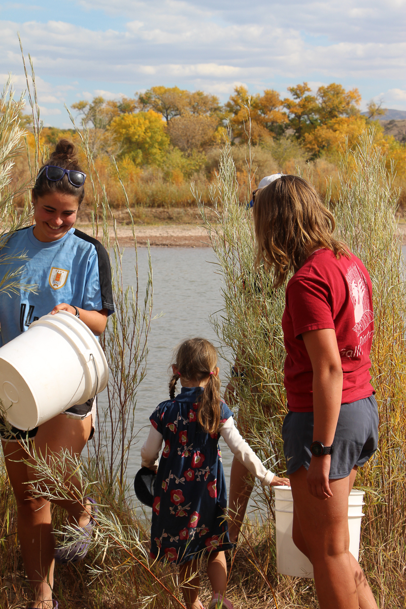 Hannah and Signe help the littlest westie (Esmé Arbetan) release silvery minnow in the Rio Grande