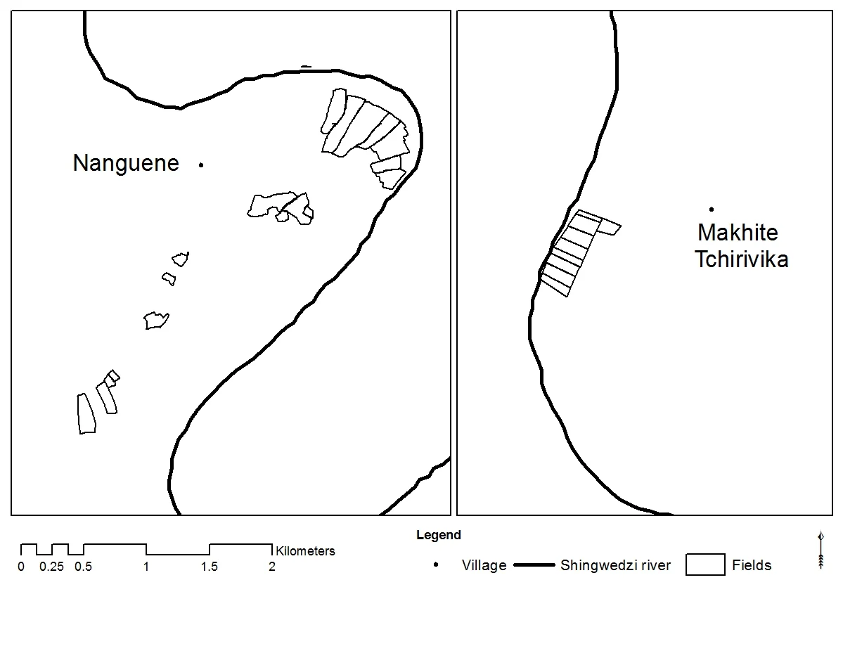 The organisation of the new fields along the river was similar to the fields in their original village. (map credit: Jessica Milgroom 2011)