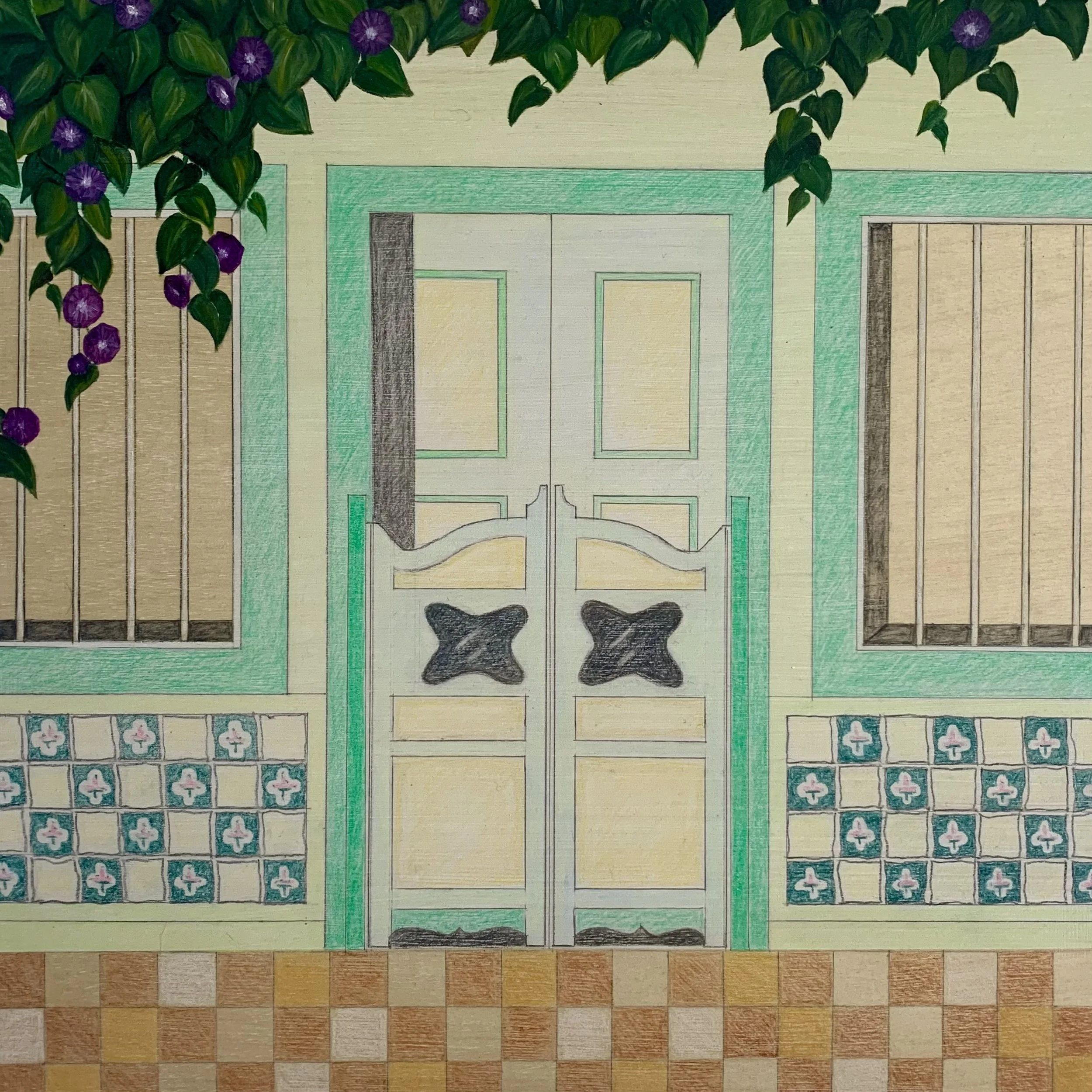  Shophouse green | Mixed media on wood | 30cm x 30cm | 2021 