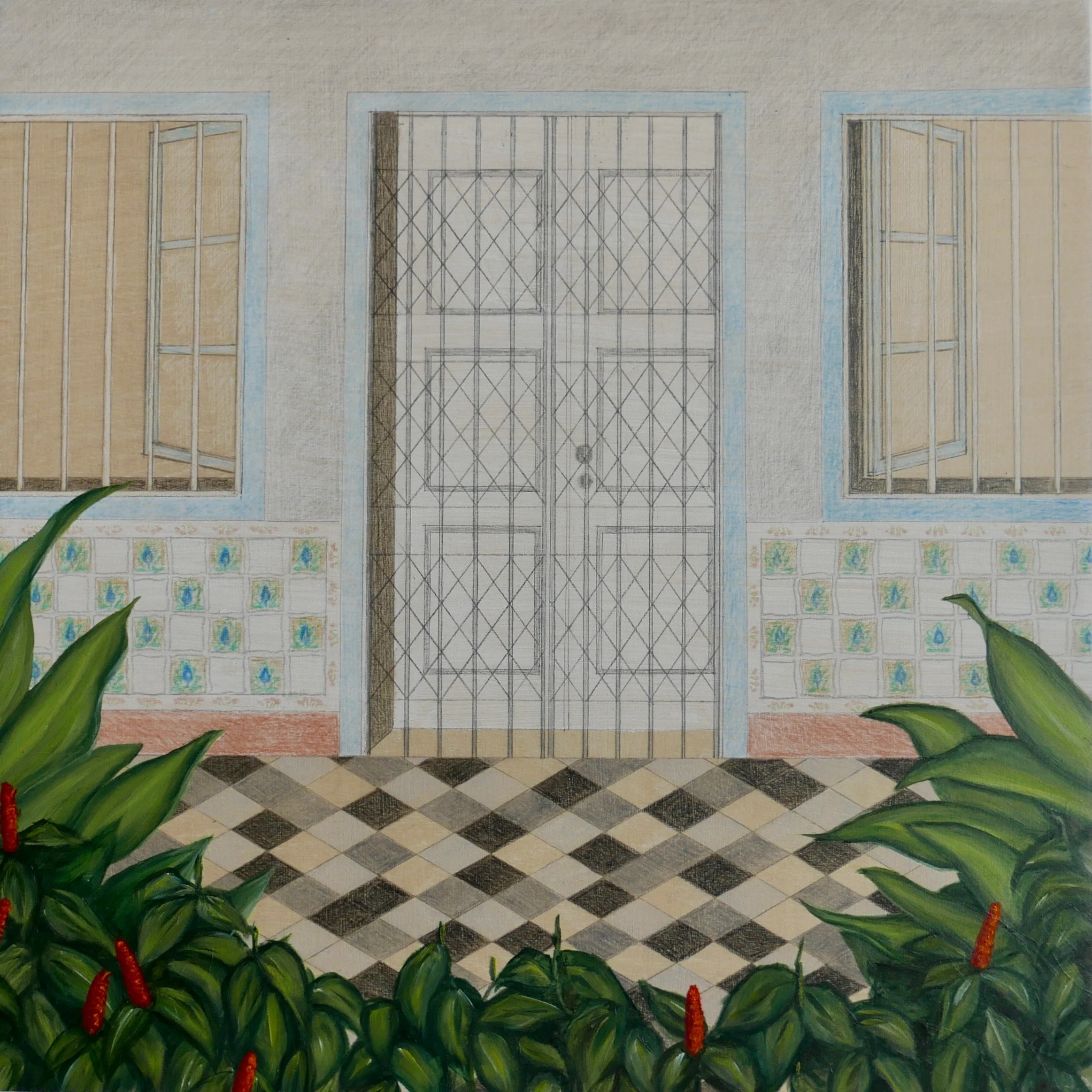  Shophouse locked | Mixed media on wood | 30cm x 30cm | 2021 