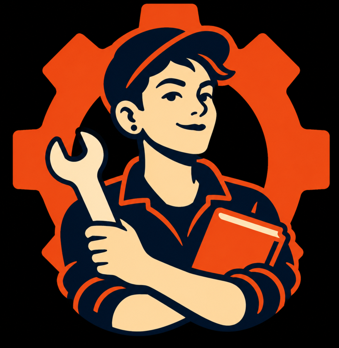 Illustration of the Writing Mechanic holding a wrench and book
