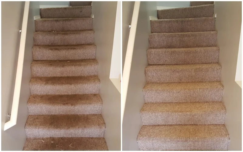 Before and after photo of carpet cleaning on stairs — SnoKing Carpet