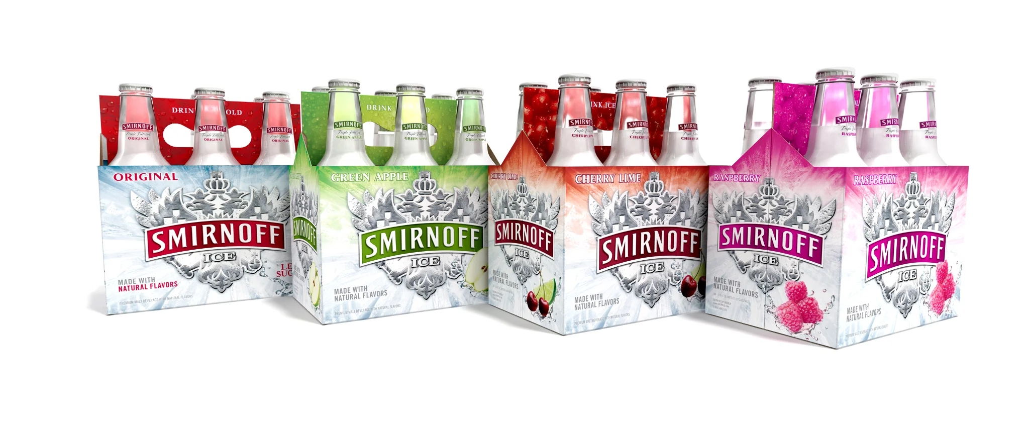 Many entry level "Legal Age Drinkers" prefer quenching their thirst with a fruity offering rather than beer. Shortly after its launch, Smirnoff ICE became the undisputed champ in the malt beverage segment. This design refresh places Smirnoff ICE in more natural and delicious flavor sphere. Real fruit images, depth of color and dialed up refreshment express the true taste of the liquid.