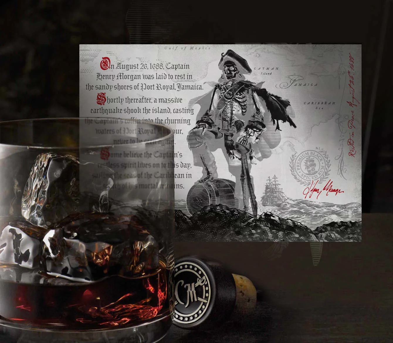 As the bottle is emptied, a wicked and witty image of the ghost Captain is revealed along with his legend.