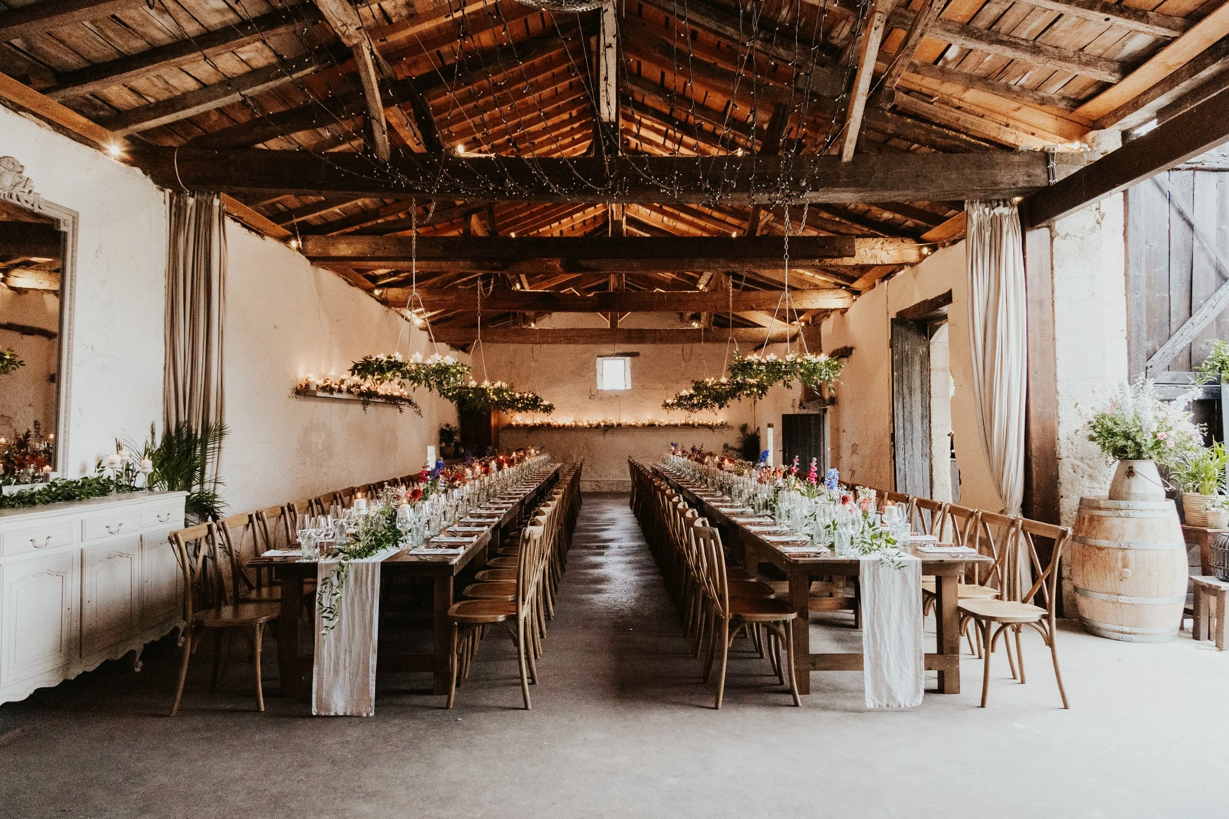 Candlelit wedding barn at Chateau Rigaud, Destination Wedding Venue in France
