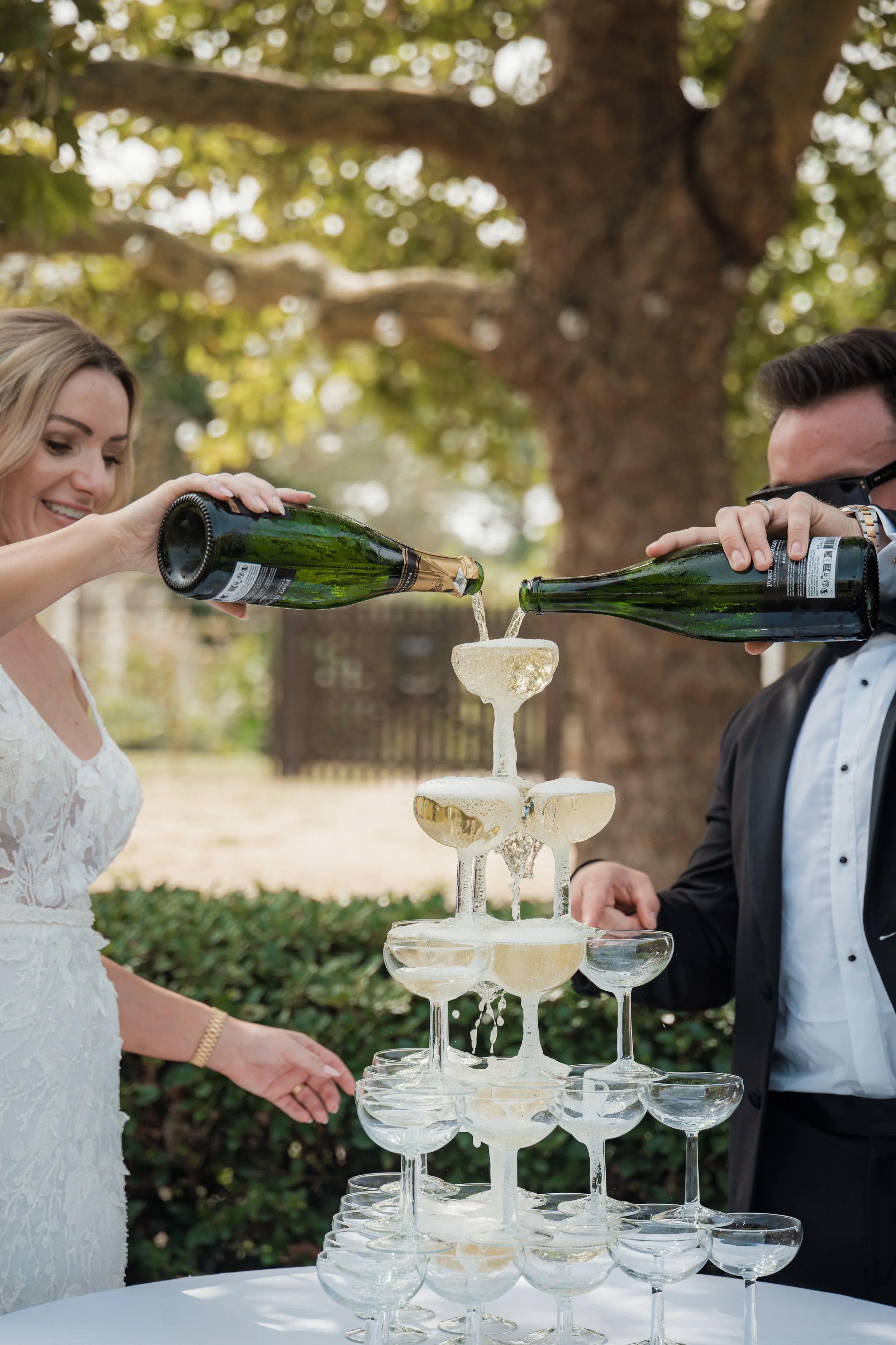 Champagne tower at chic boutique wedding venue in France