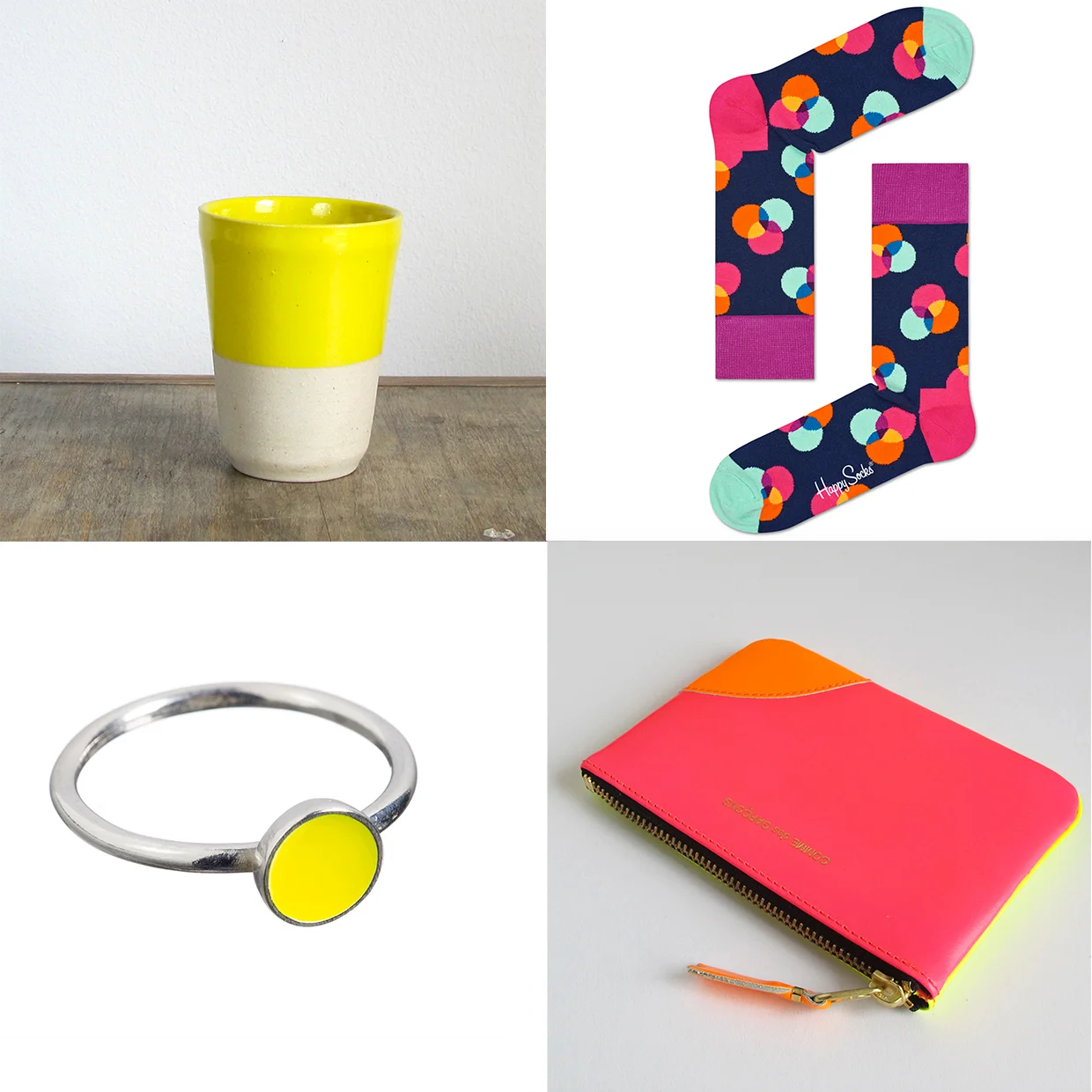 Clockwise from top left: Manufacture // Yellow Tumbler, Happy Socks // Spectrum Navy, Comme des Garcons // Wallet Fluoro Pink & Yellow, Scherning // Dot Ring Yellow