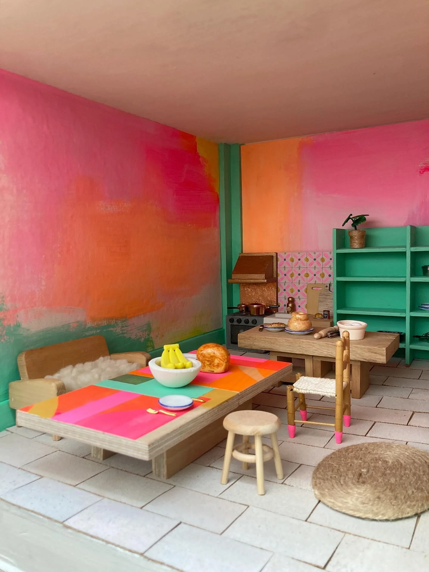 &bull; Dolls house kitchen &bull; after &mdash;&gt; before 🍳🍽️🥫🍞

I think this room is my favourite. First I upcycled the wooden kitchen unit that came with the house - complete with copper leaf splash back and taps. I used black rubber washers f