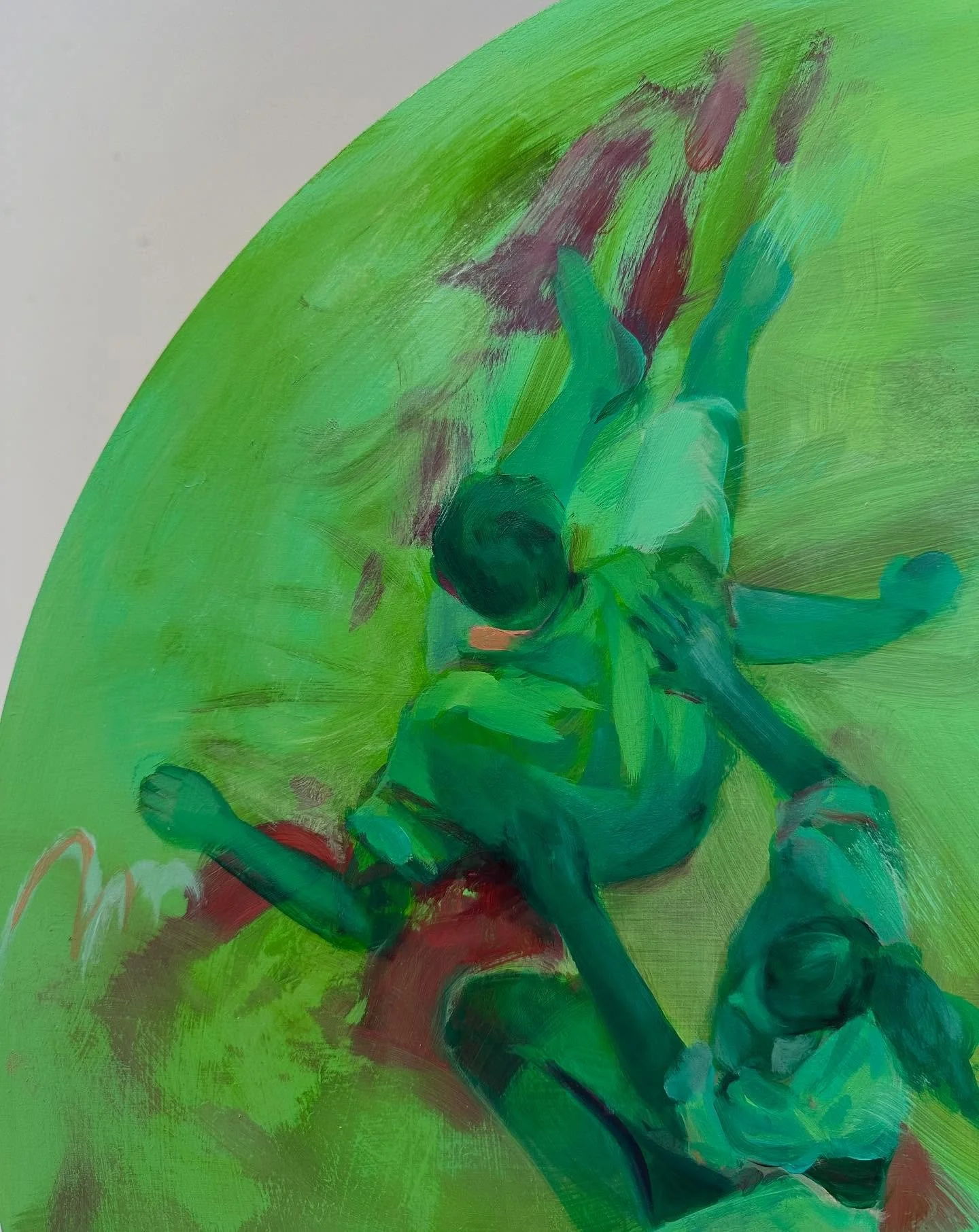 &lsquo;Knock on effects&rsquo;
60cm tondo 
oil on board 
-
Continuing exploring themes of balance and weight. what impact we have on each other and our environment.. cycles and domino&rsquo;s. Really inspired by the Catalonian festival tradition of &