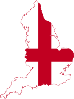 Map of England (cutting off Scotland and Wales), with flag of England overlay. Source: commons.wikimedia.org, labeled for reuse