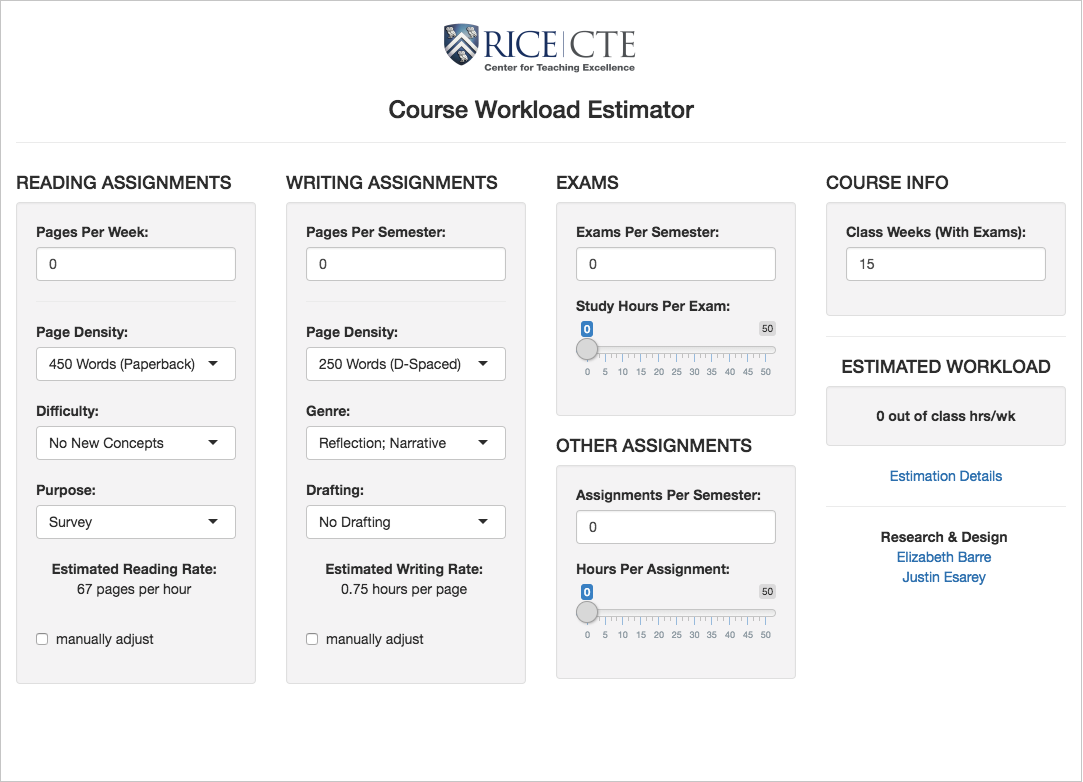 Screenshot of the Course Workload Estimator