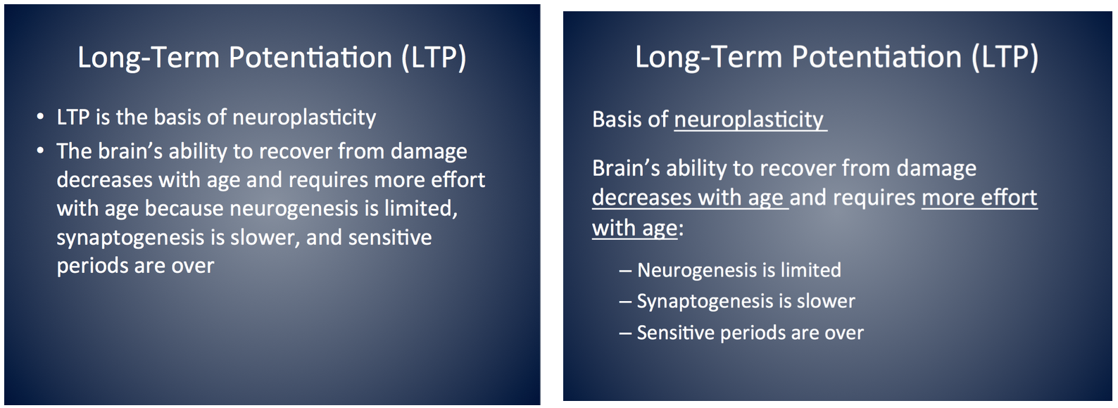 The PowerPoint slide on the left is an example of low-signaling. Notice that information is clumped into large portions of text where key points get lost. The PowerPoint slide on the right is an example of high-signaling. Notice that information on this slide is separated more than the other slide - emphasis is placed on key points using underlining and bullet points.