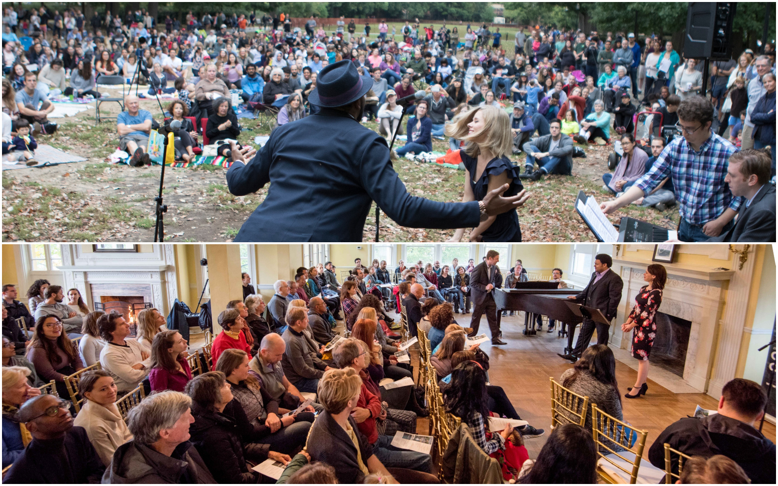 Top: Norman Garrett and Amy Owens sing for a crowd of over 500 in October 2017 Bottom: Joshua Blue and Maria Valdes sing for a relocated crowd (due to weather) of over 200 in October 2018 — rain or shine, the show must go on!