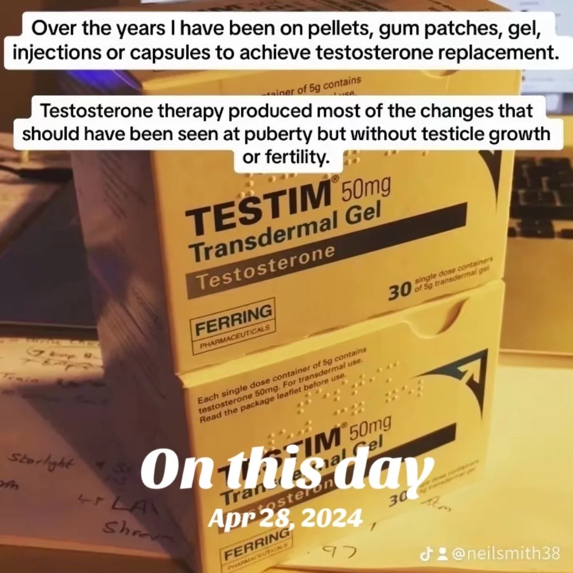 I have been on various forms of testosterone therapy for Kallmann syndrome. Since I did not go through normal puberty and do not produce my own testosterone I have to be on HRT. Gel is one form of testosterone therapy that you have to take daily.