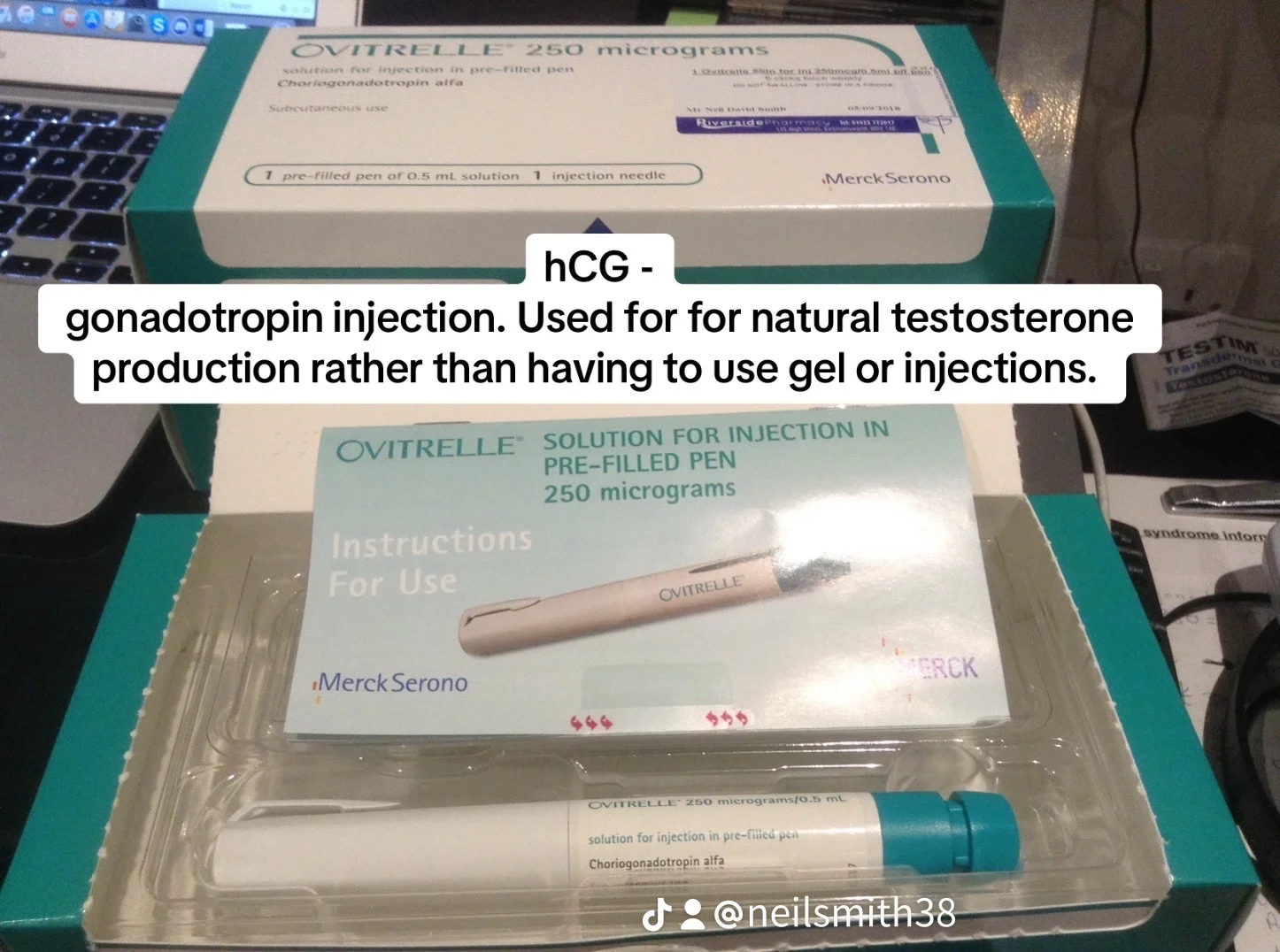 A pharmacy box of OVITRELL solution for injection, used for hCG gonadotropin injections to stimulate natural testosterone production, and a pre-filled pen with a needle visible inside the packaging.