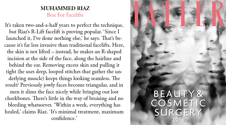 Voted best surgeon for Facelifts by Tatler magazine.