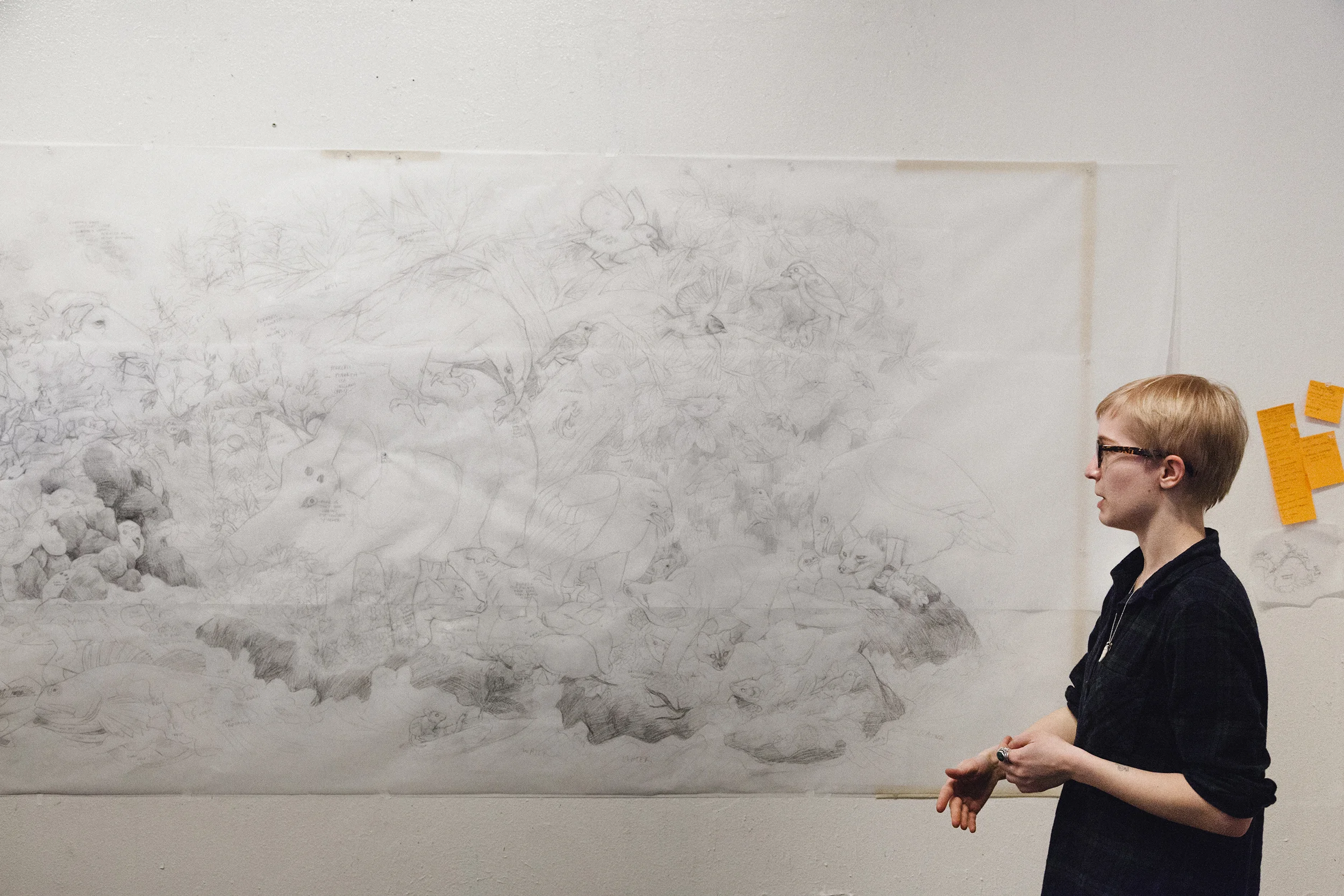 Standing in front of the sketch for Limuw | Santa Cruz Island during Caldera's Open Studios Resident Artist talks. 