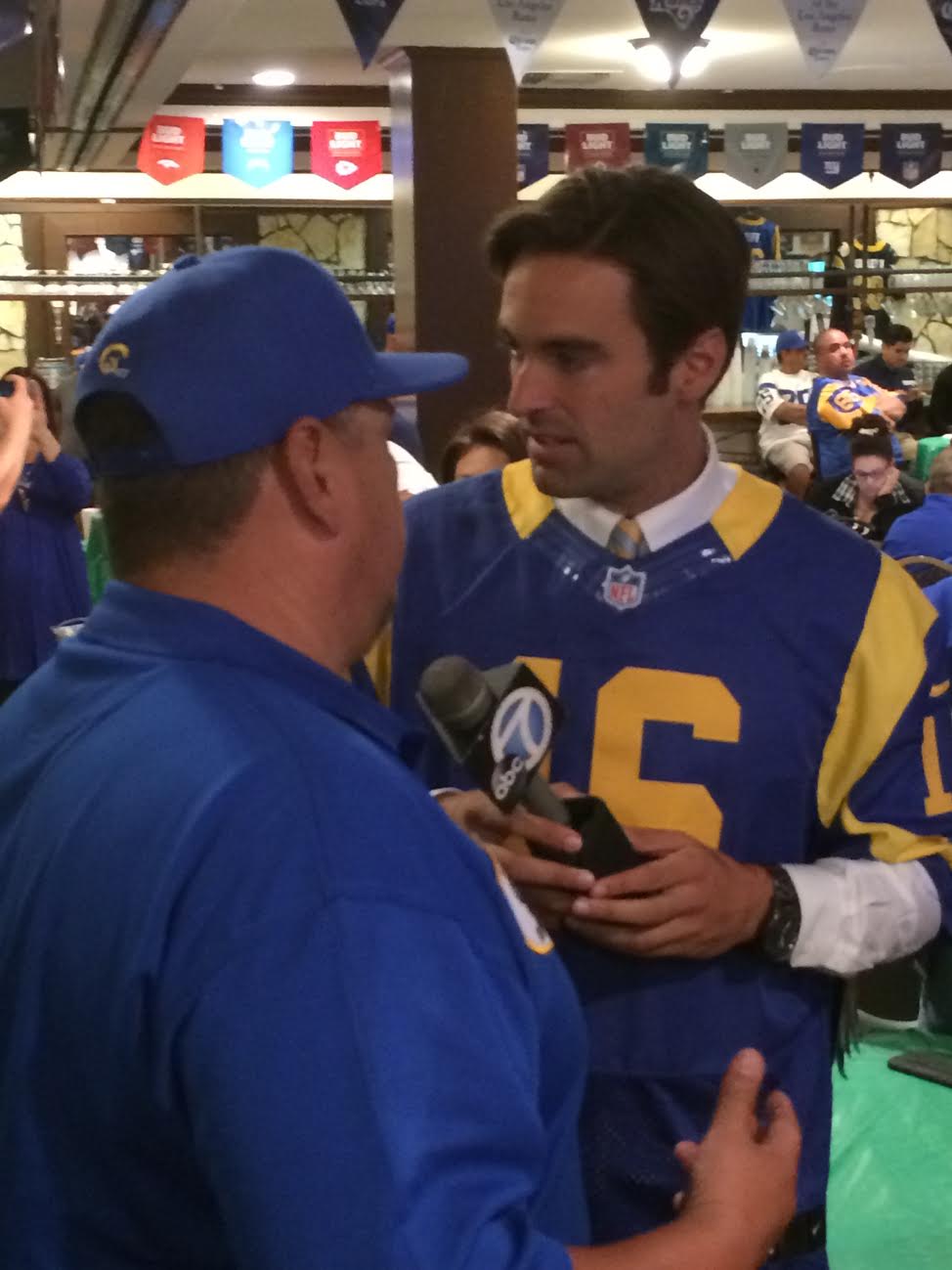 ABC's Ch.7 TV Reporter, Elex Michealson interviewing So Cal Rams Booster Club President Ralph Valdez (2016)