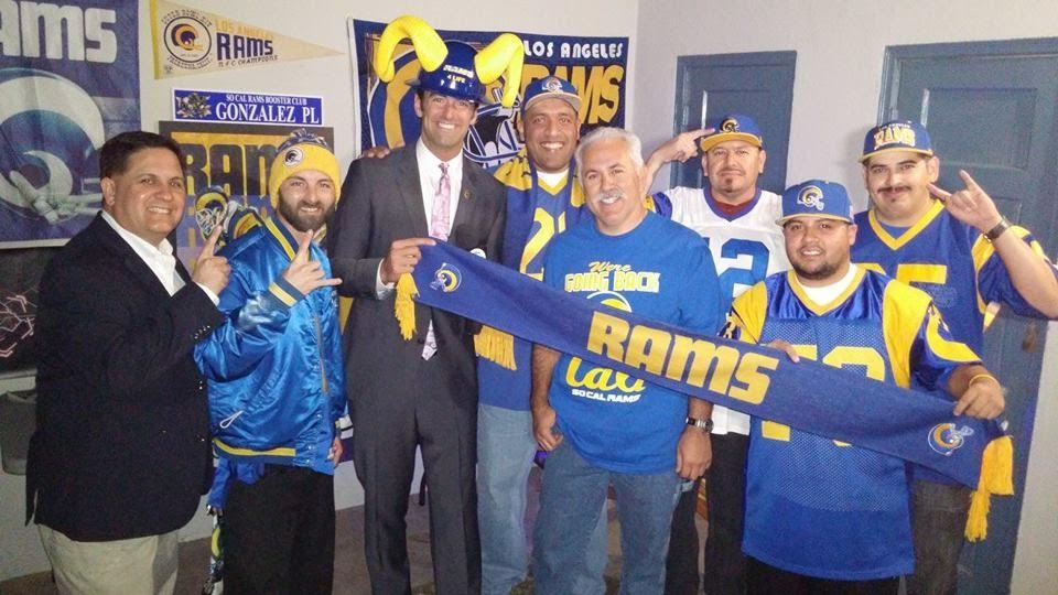 ABC's Ch.7 TV Reporter, Elex Michealson taking a group picture with some Staff Members of the So Cal Rams Booster Club (2015)