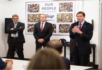 The NEAP town hall forum with Senator Richard Blumenthal (Right) as the guest of honor addressing the NEAP workforce, with Michele Cassin (VP and general Manager NEAP - Left) and Clive Cunliffe President North America – Pietro Rosa Group - Centre)