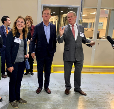 (l to r) Eversource Senior Vice President and Chief Customer Officer Penni Conner, Governor Ned Lamont and North American President of Pietro Rosa Clive Cunliffe toured the Farmington, Conn. manufacturing facility and discussed the organization’s commitment to energy efficiency.