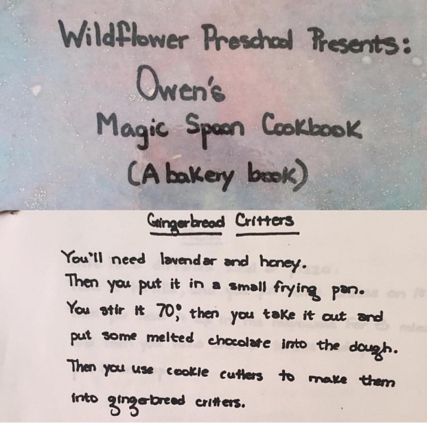 "Looking for a different recipe, I found this: Owen's contribution to his personal cookbook. Even 16 years ago chocolate was an important ingredient in our family psyche." -Sarah Hart