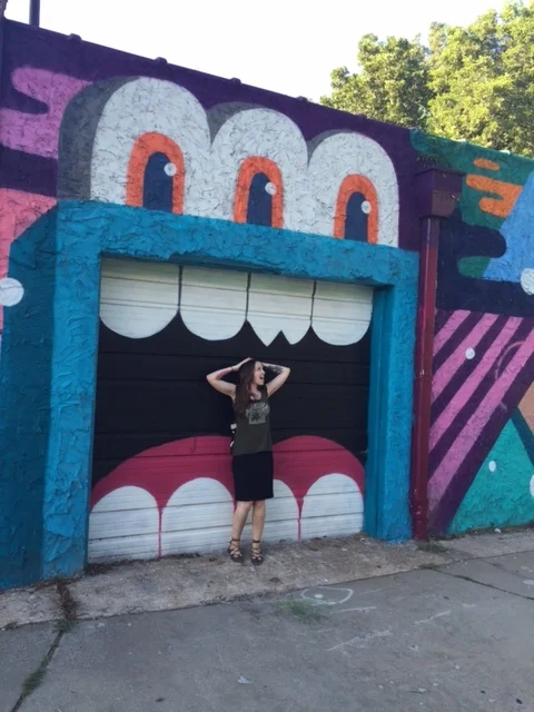 Damsel in distress, monster mural on garage door, Inman Park, Atlanta, artist unknown 