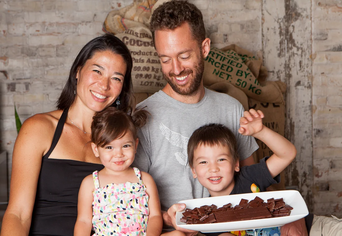 Lots of love and chocolate! Founders of Xocolatl Small Batch Chocolate Elaine Reed, left, Matt Weyandt, right and their children Photo by Xocolatl Small Batch Chocolate