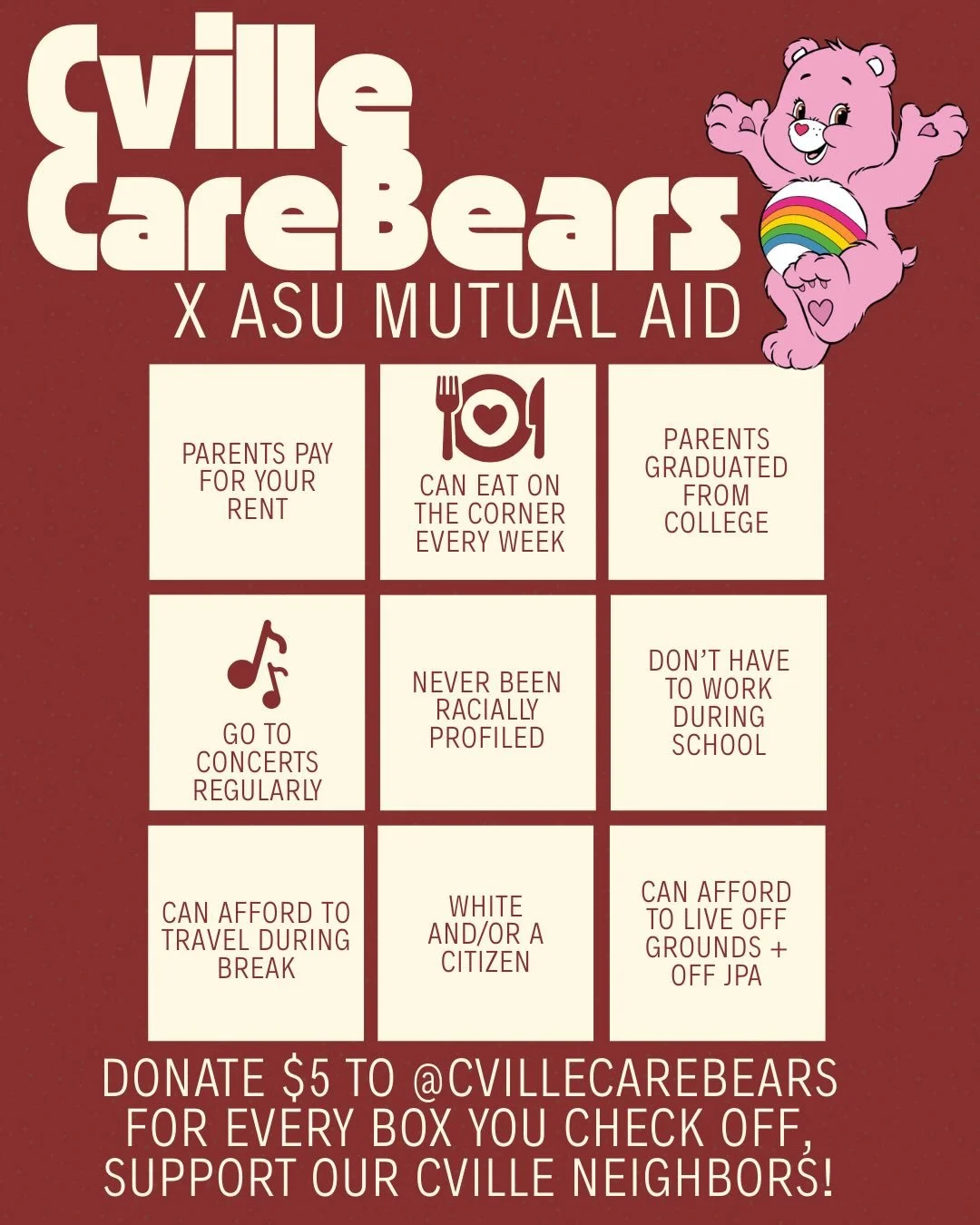 Asian Student Union at UVA is raising funds to support @cvillecarebears! Cville Care Bears is a mutual aid collective that redistributes resources directly to our unhoused neighbors through consistent, on-the-ground support, meeting immediate needs w