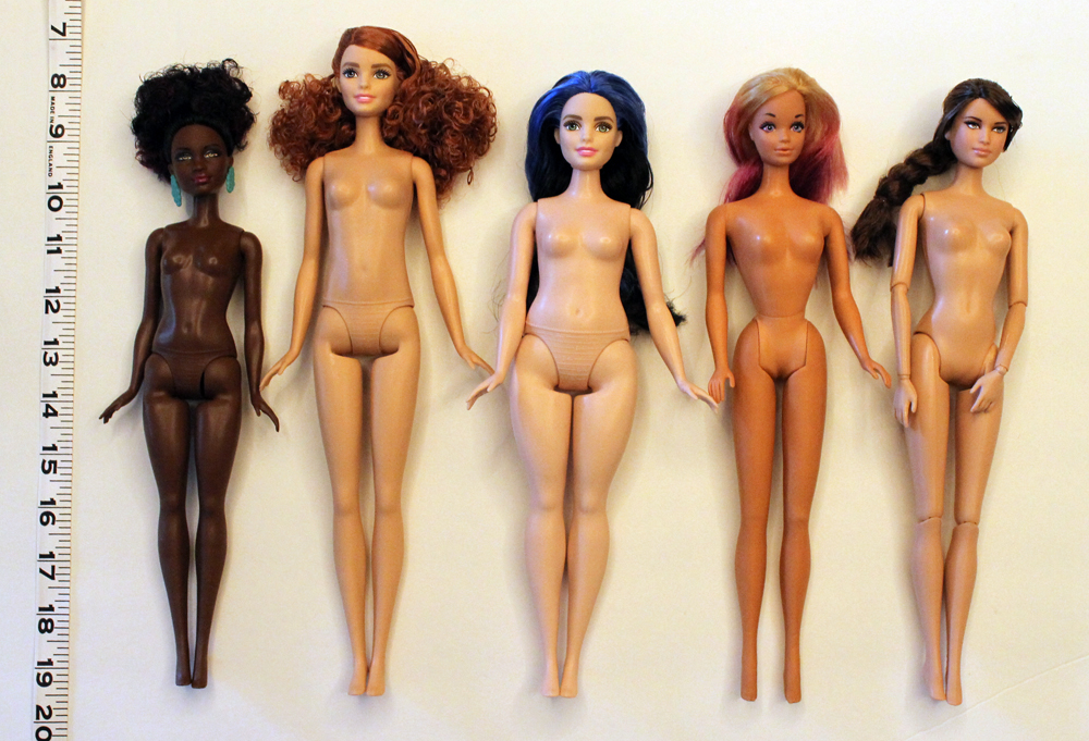 From Left to Right: Petite, Tall, Curvy, Twist & Turn, and jointed regular Fashionista Barbie.