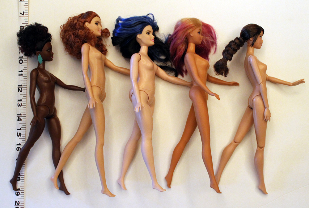 From Left to Right: Petite, Tall, Curvy, Twist & Turn, and jointed regular Fashionista Barbie.