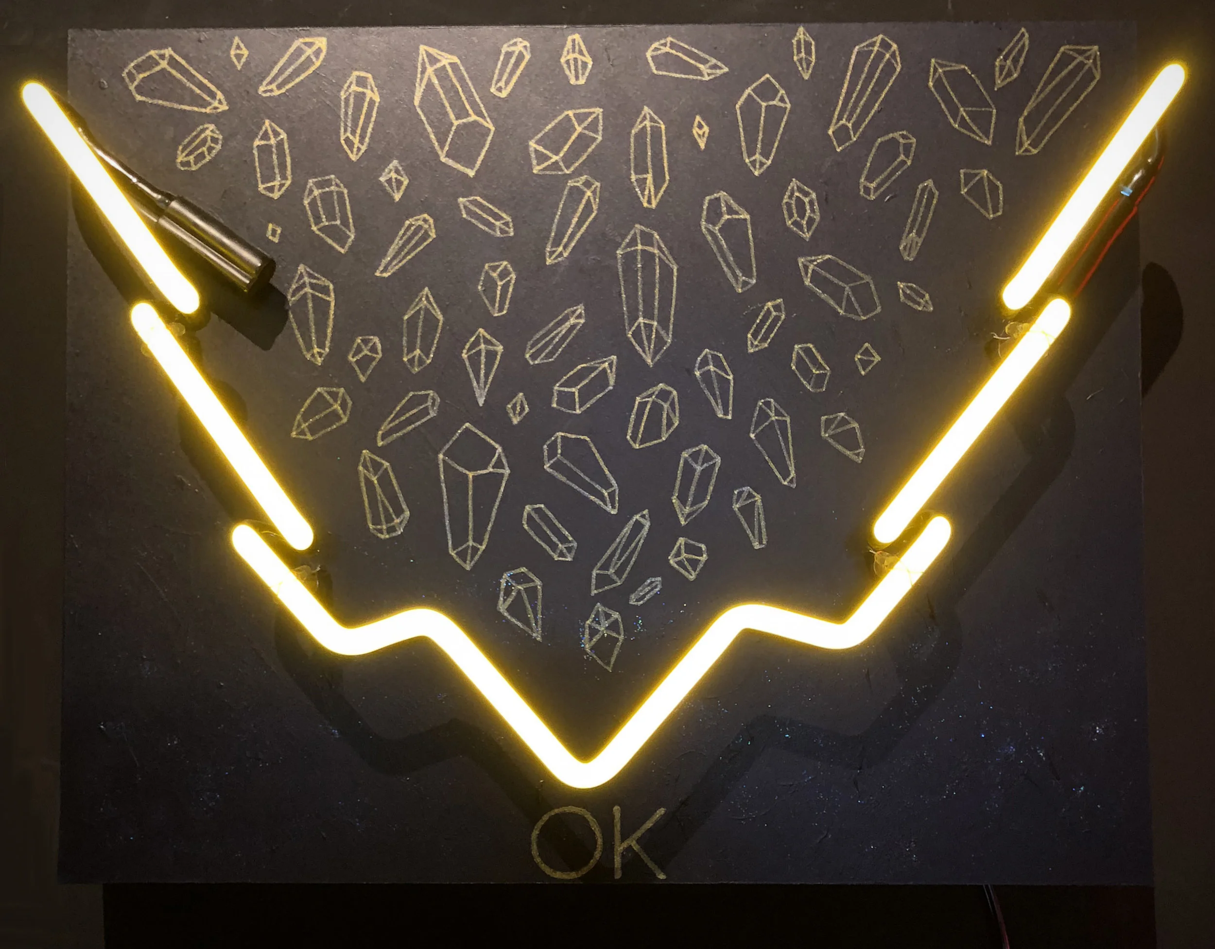 ok funnel / citrine. 20”x16”. acrylic and glitter on board, salvaged argon tube. 2019
