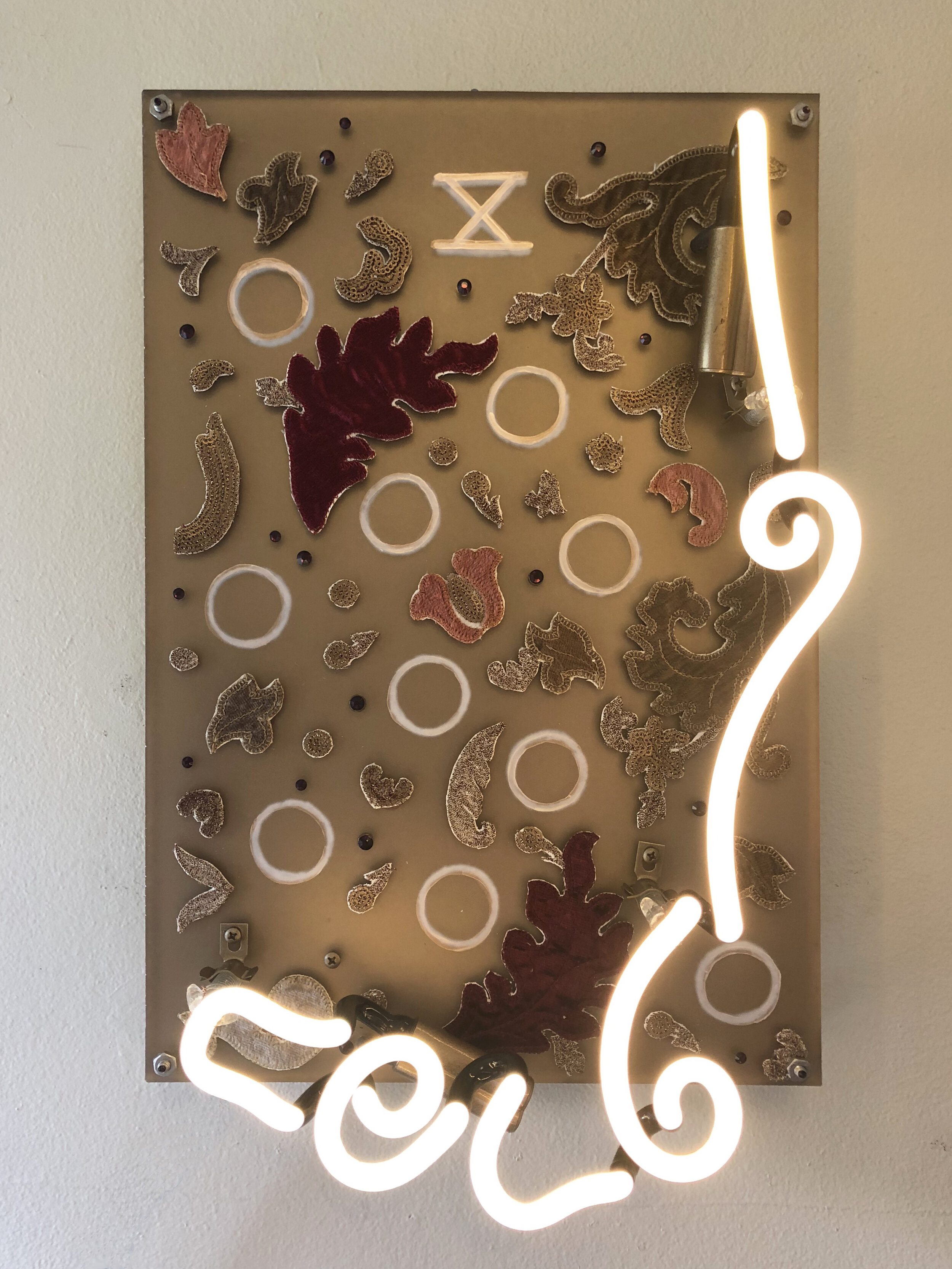 X of pentacles. 9” x 13”. salvaged argon tube, acrylic paint, fabric and rhinestones on frosted acrylic. 2020.