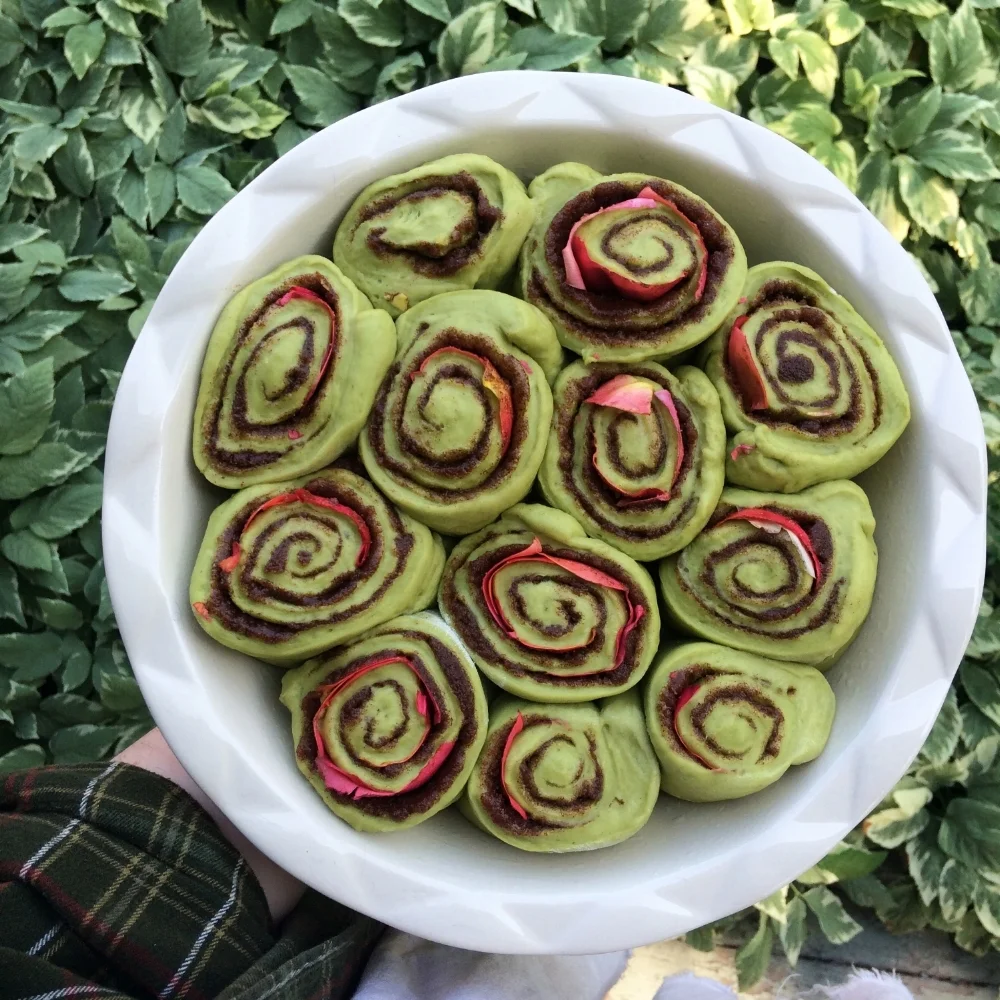 Matcha and Rose Petal Cinnamon Buns with Strawberry Glaze